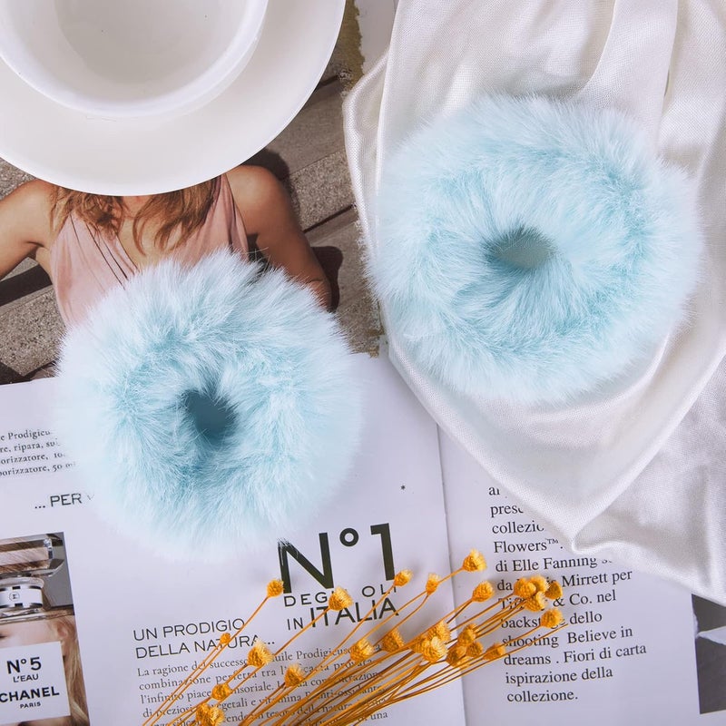 Mljsh 2 PCS Light Blue Pom Pom Hair Tie Fuzzy Scrunchies Furry Hair Bands With Faux Rabbit Fur Fluffy Elastic Hair Bobbles Ponytail Holders Girls Women Hair Accessories - Image 2